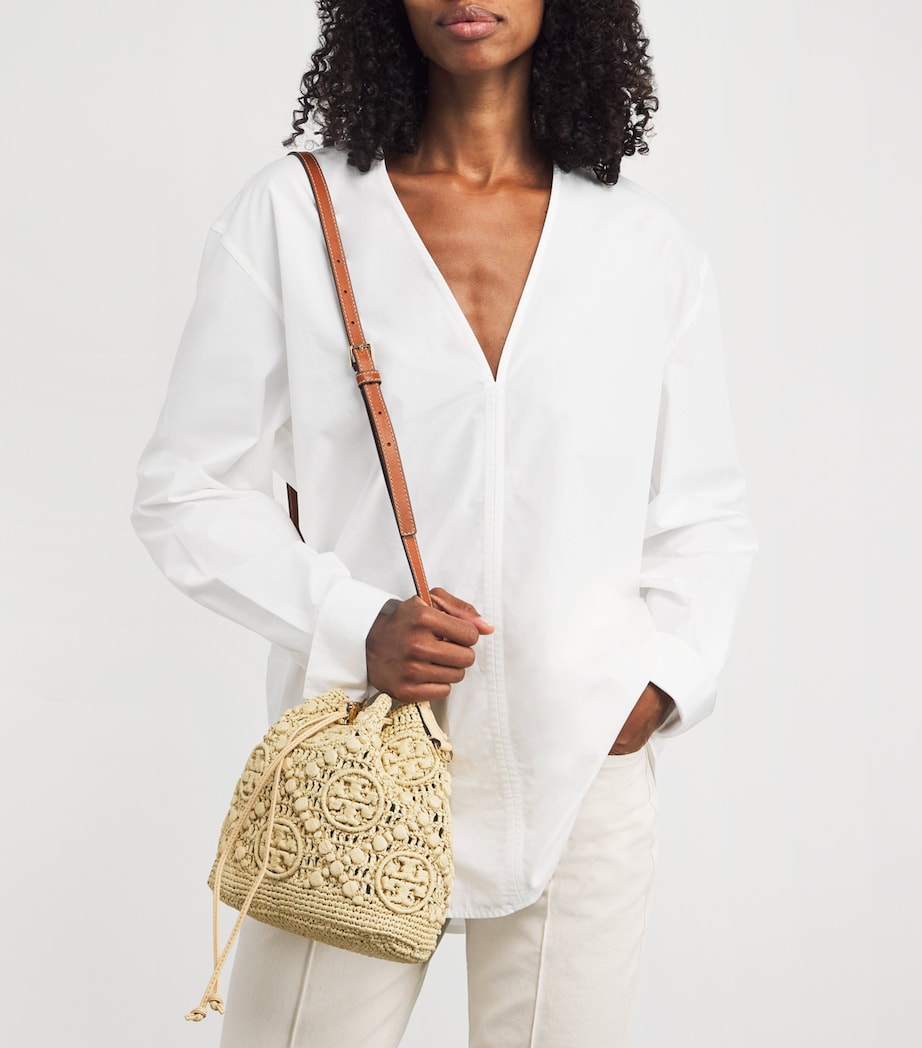 Neutral Raffia Monogram Bucket Bag