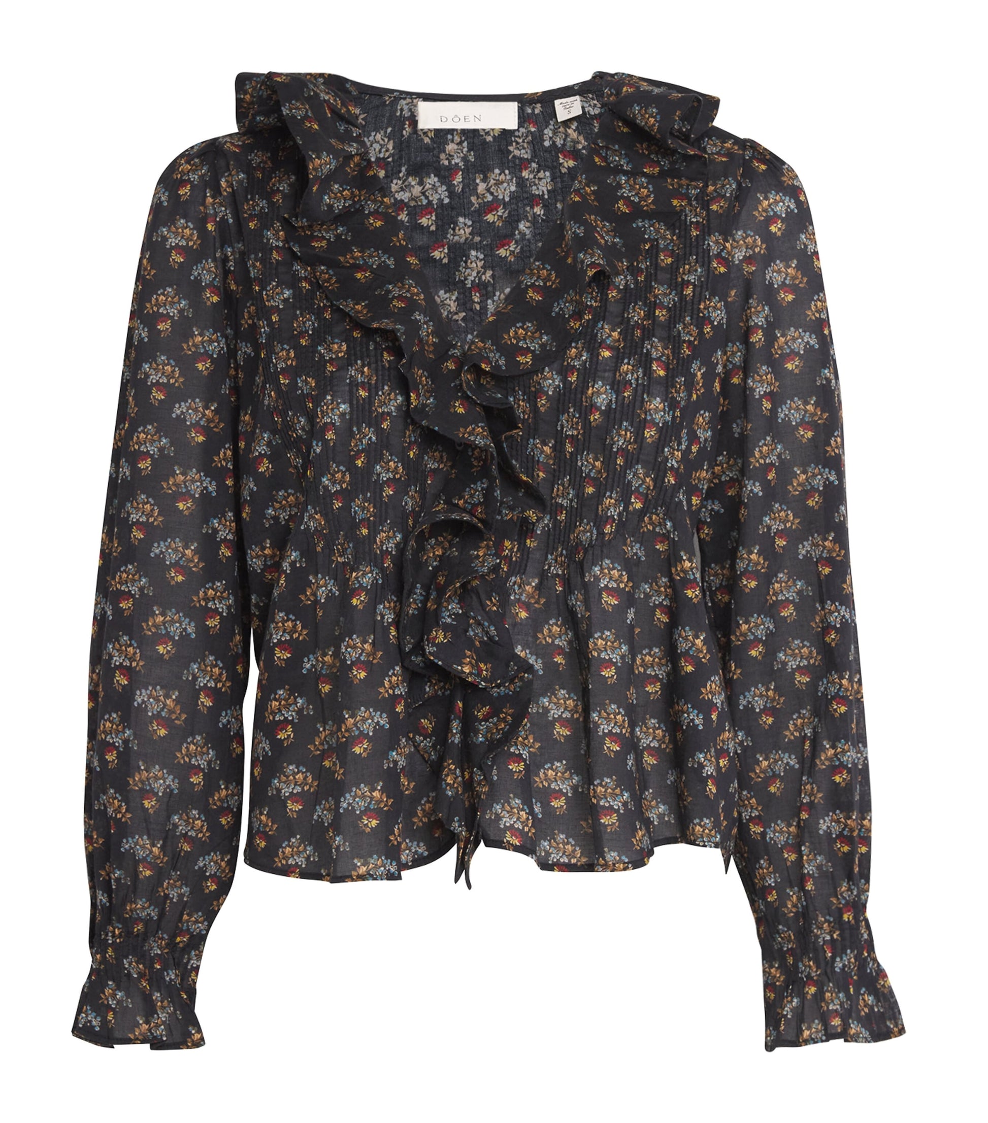 DÔEN Black Organic Cotton Voile Ruffled Hardy Blouse