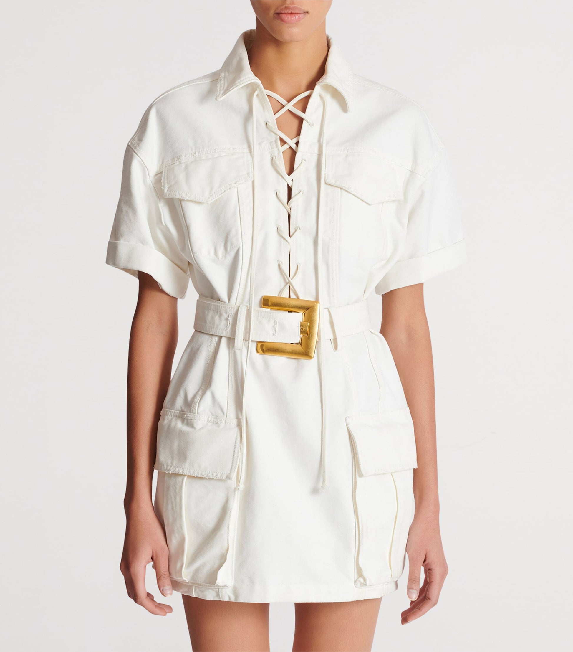 White Cotton Belted Mini Dress