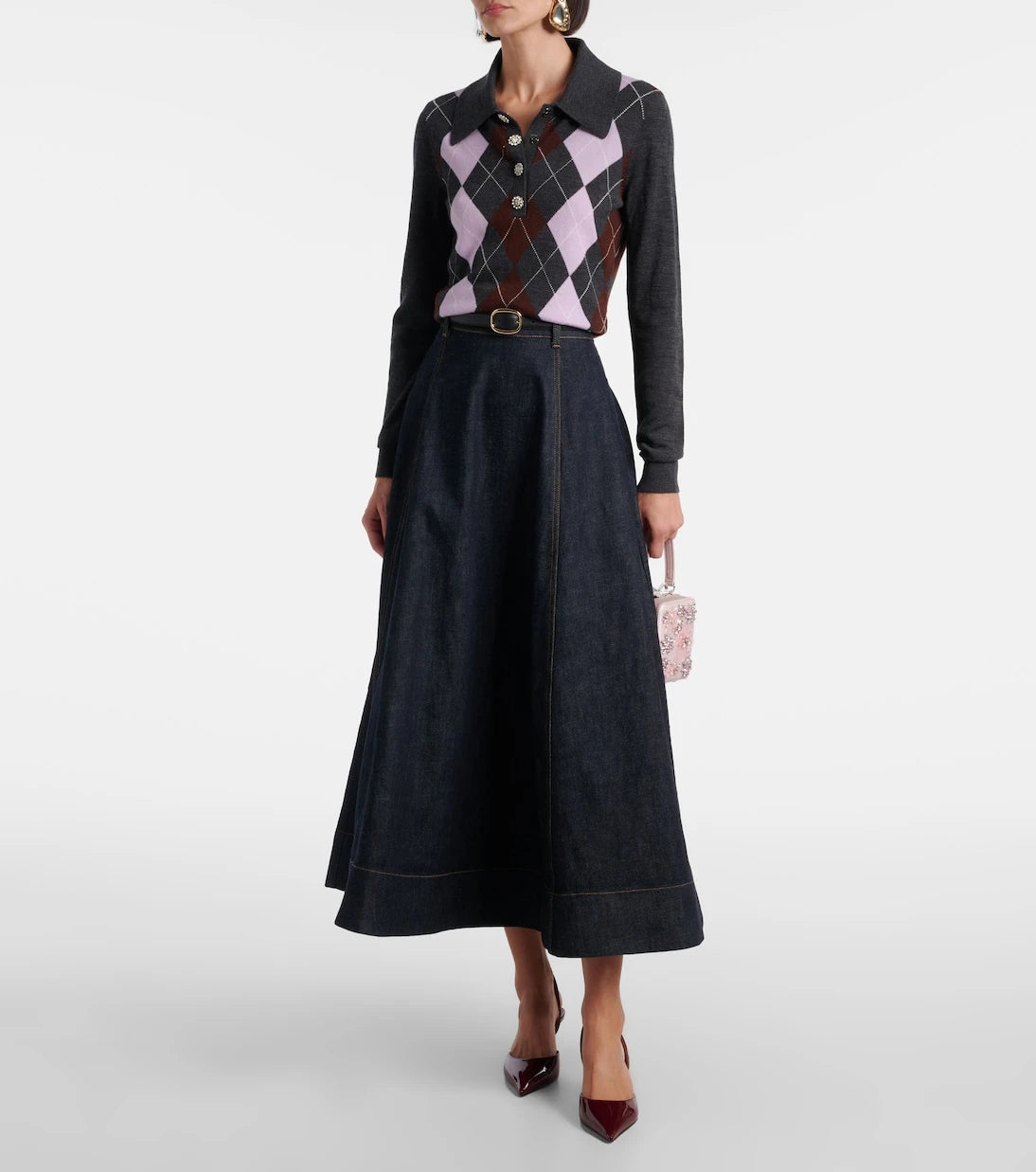 Self-Portrait - High-rise denim midi skirt