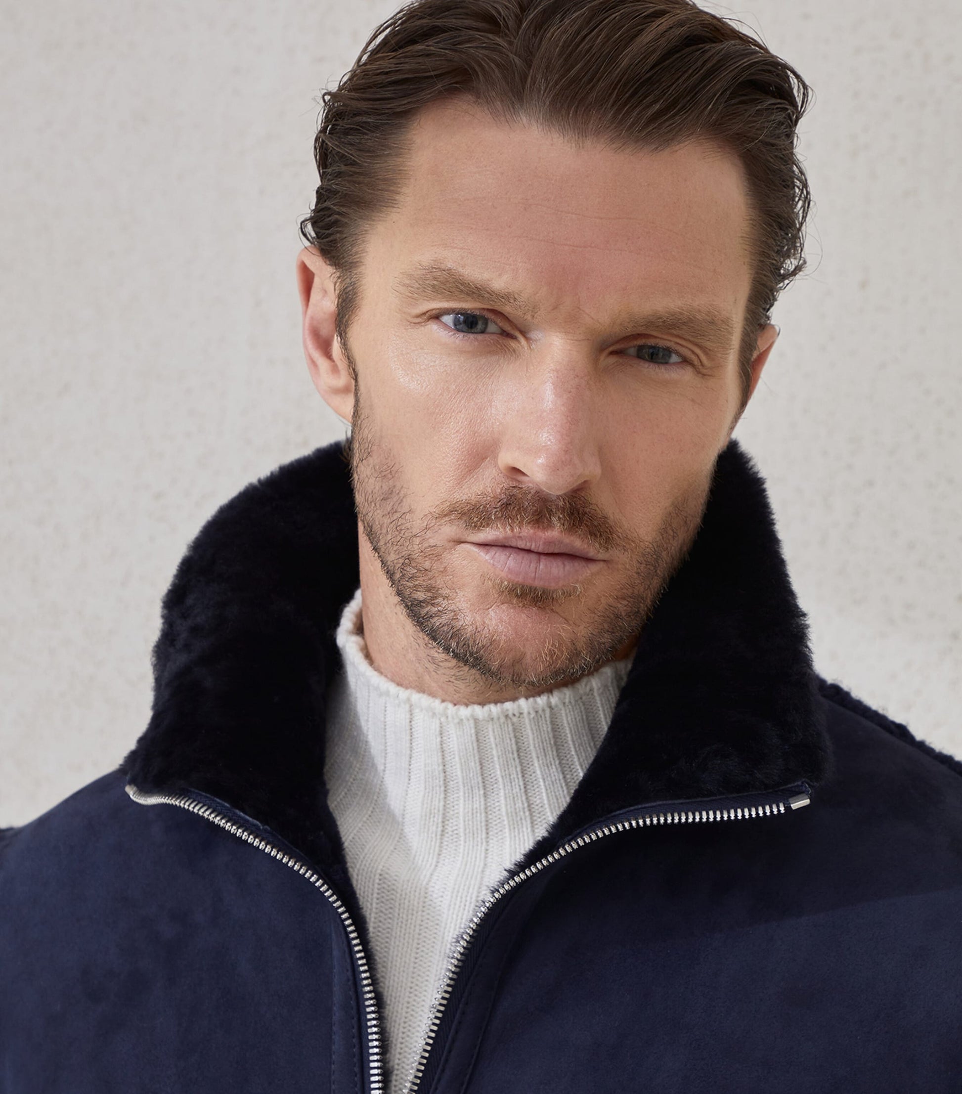 Brunello Cucinelli Blue Suede Knit Insert Bomber Jacket