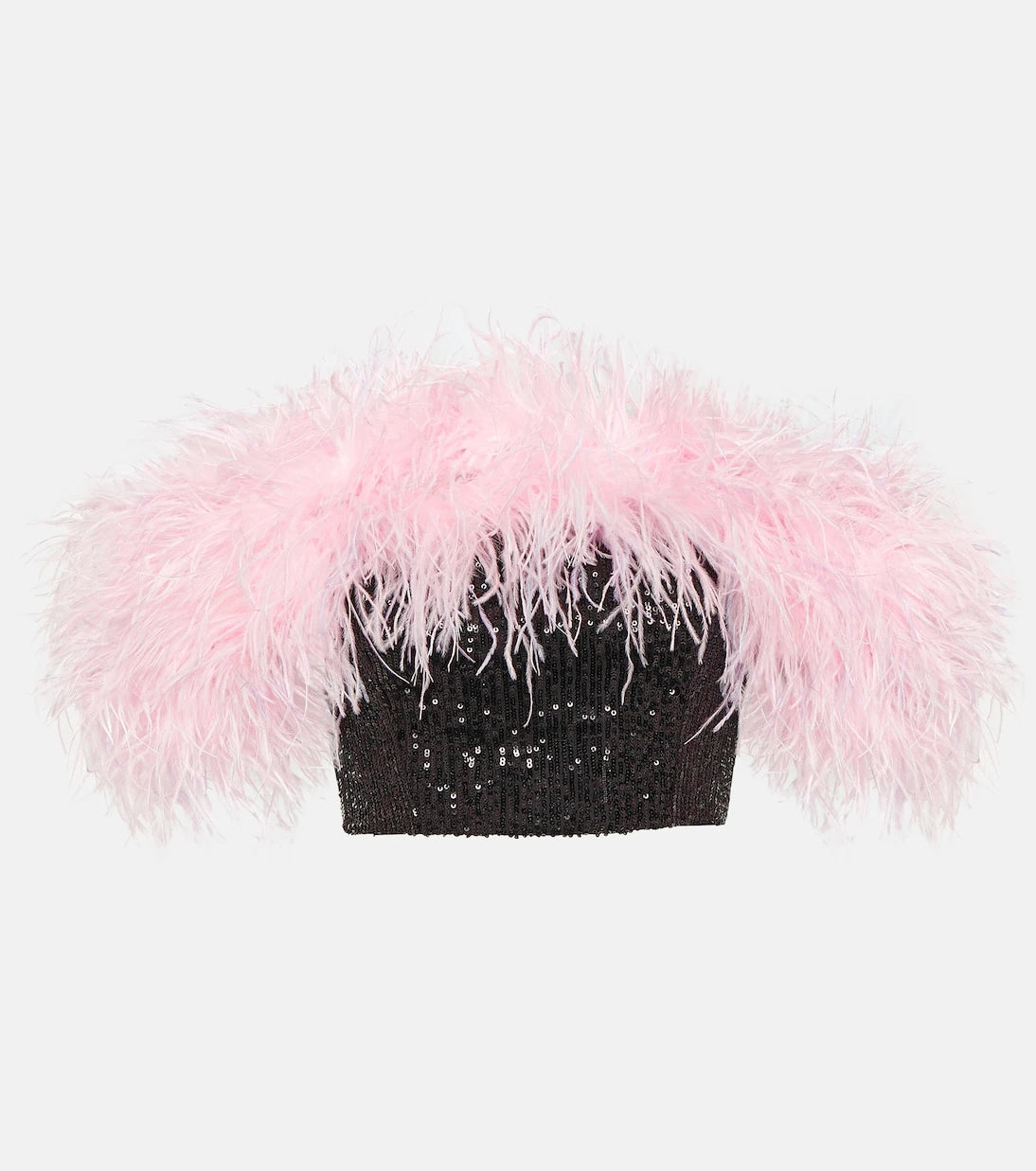 Self-Portrait - Feather-trimmed sequined crop top