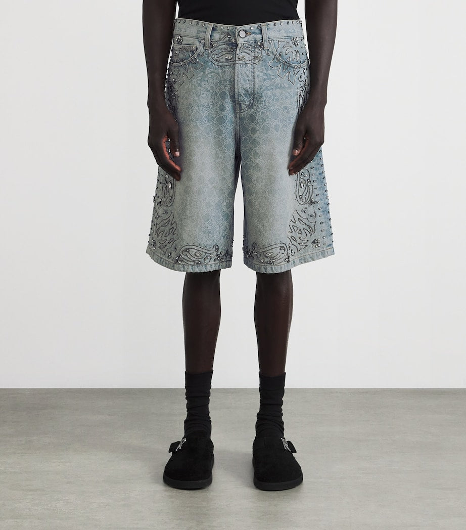 Crystal-Trim Bandana Denim Shorts