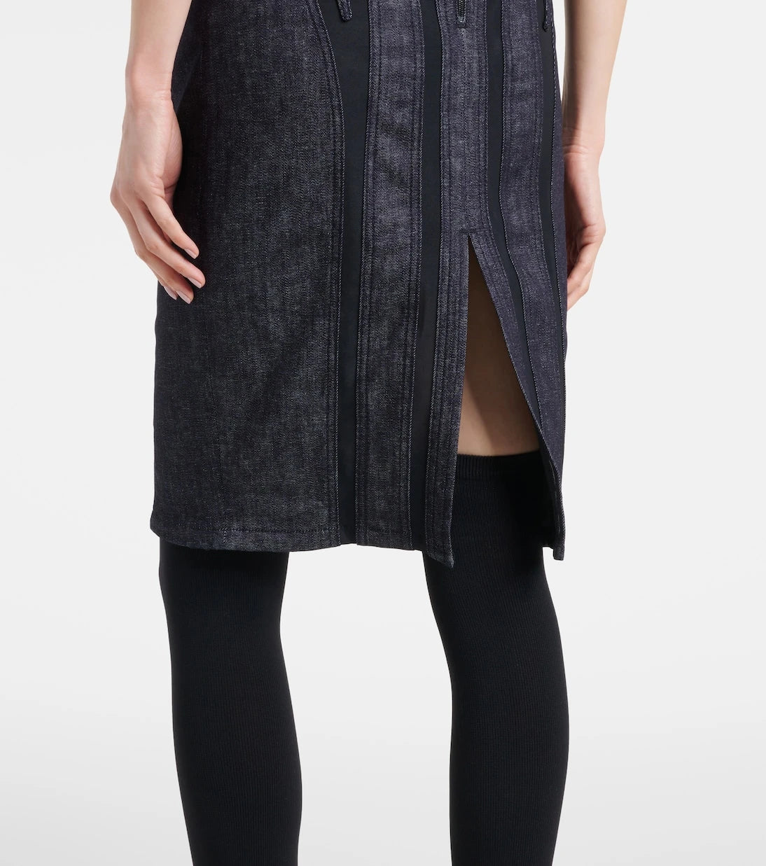 Mugler - Mesh-trimmed denim midi dress