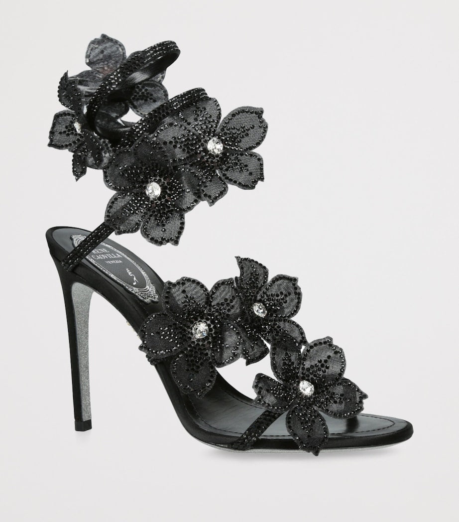 René Caovilla Black Satin Floral Cleo Sandals 105