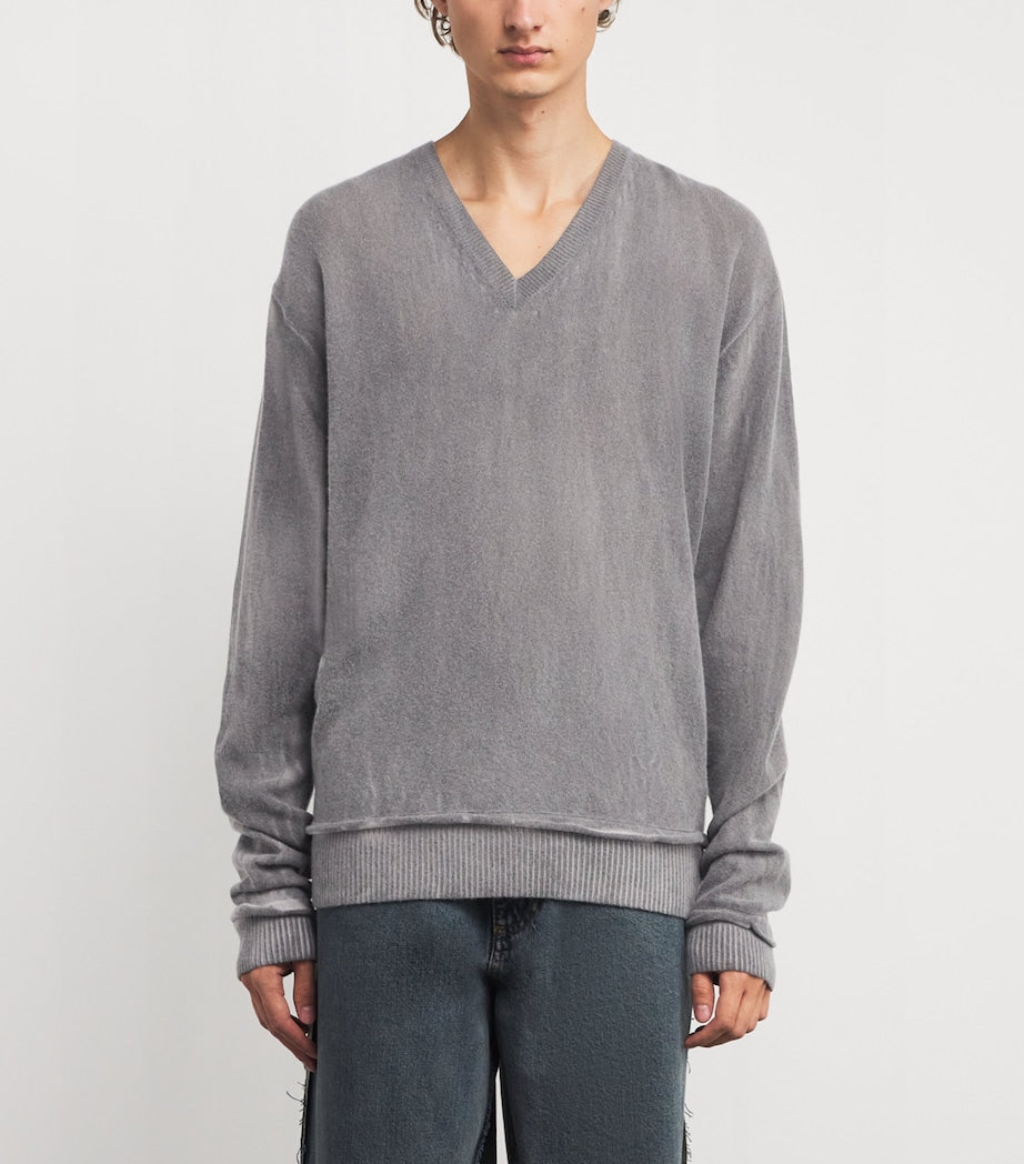 Grey Merino Wool V-Neck Sweater