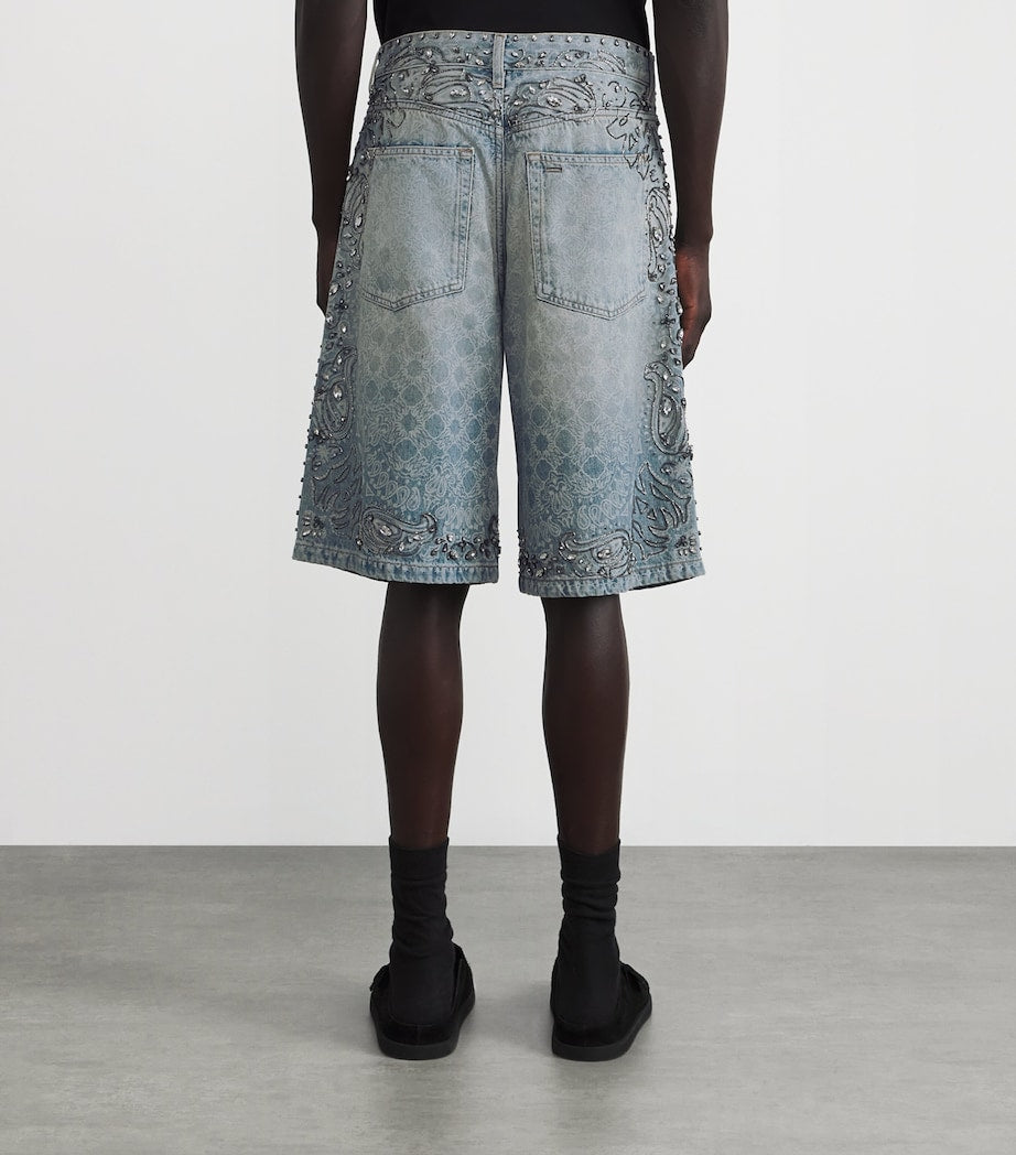 Crystal-Trim Bandana Denim Shorts