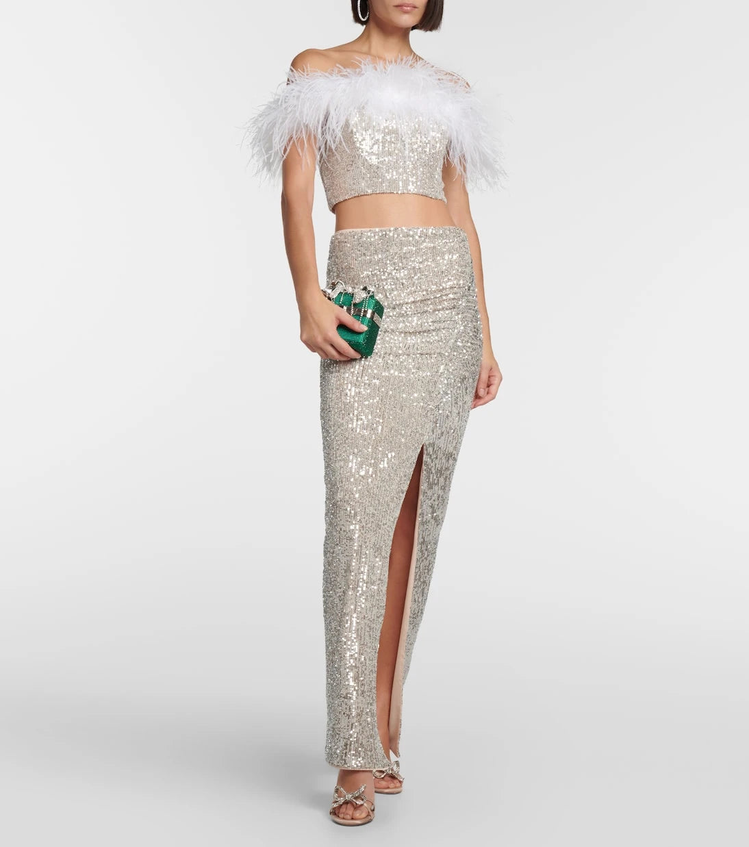 Self-Portrait - Sequined feather-trimmed crop top