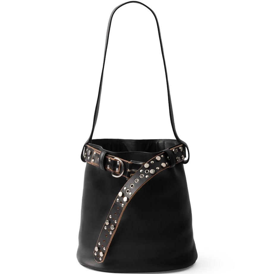 Black Leather Buckled Bucket Bag