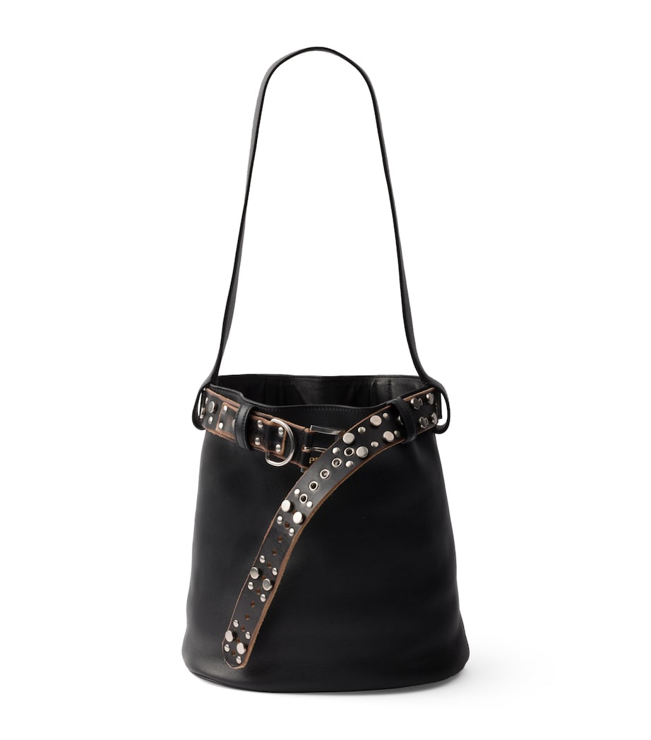 Black Leather Buckled Bucket Bag