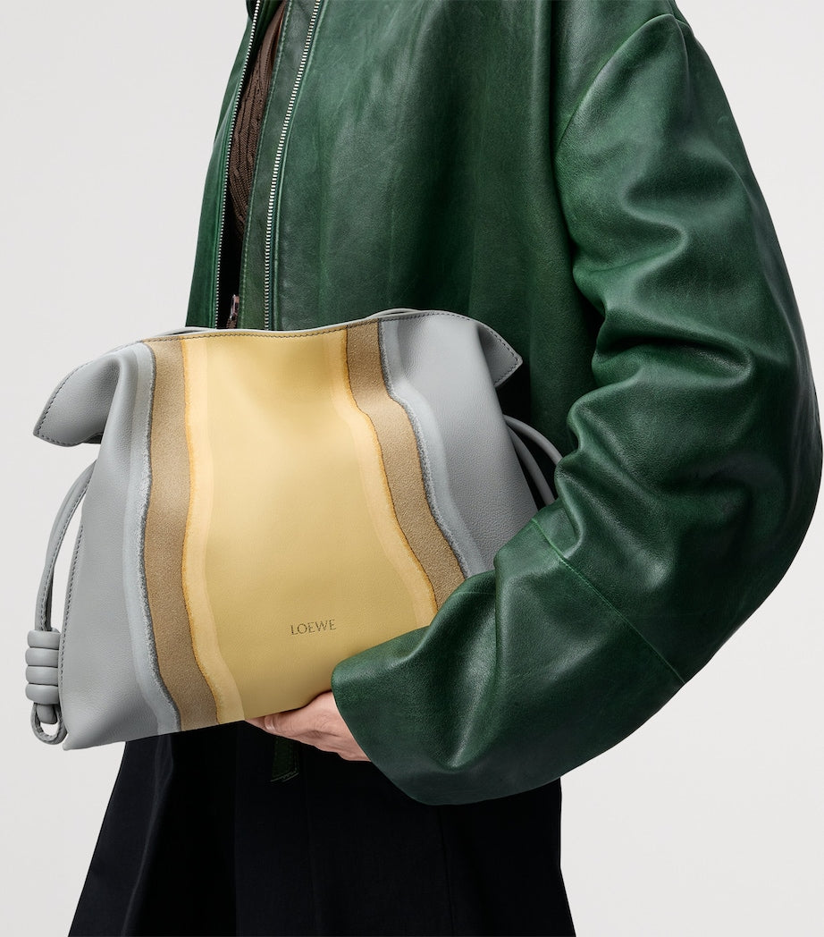 LOEWE Grey Leather Stripe Flamenco Clutch Bag