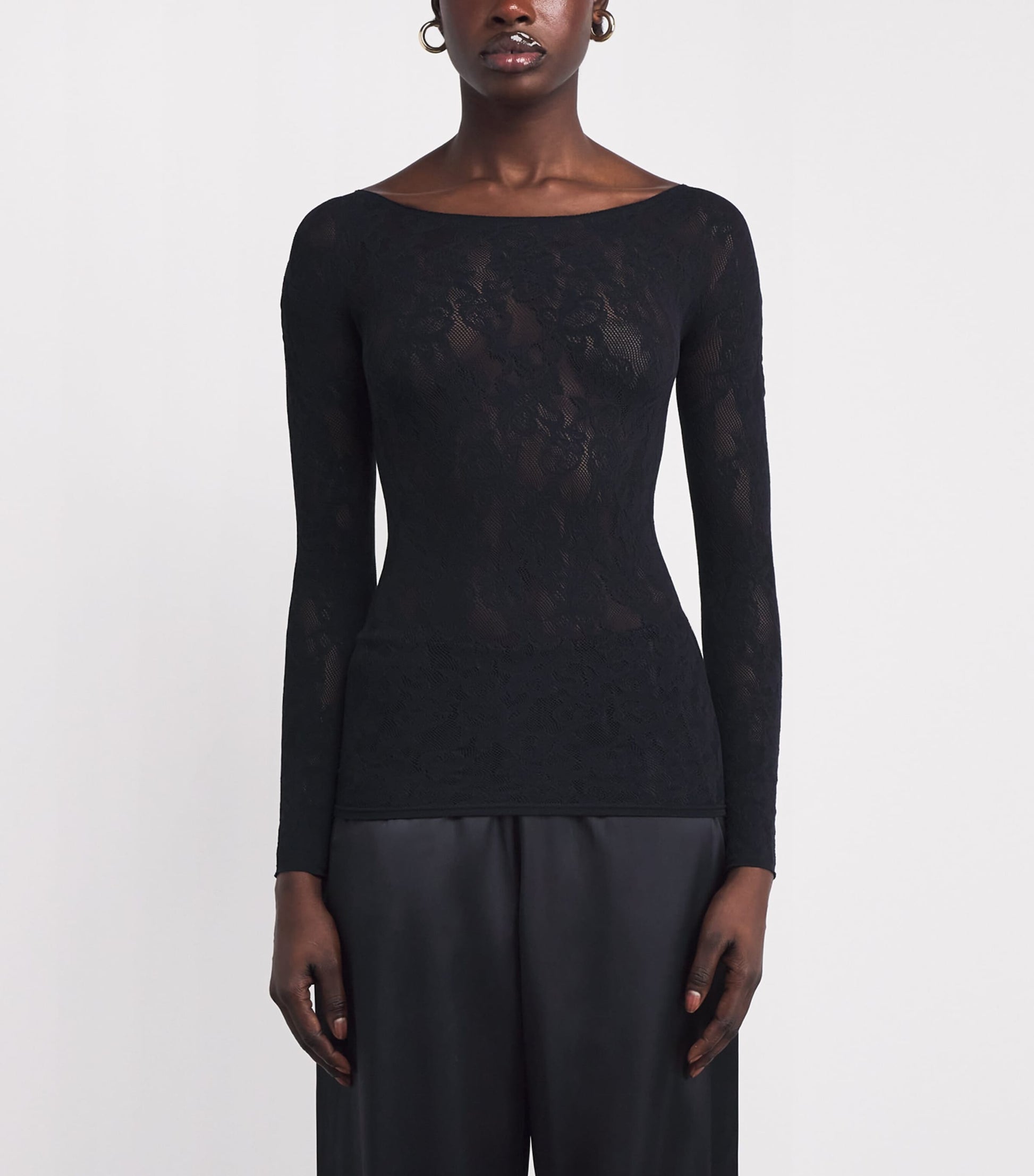 Skims Black Lace Boat-Neck Long-Sleeve T-Shirt