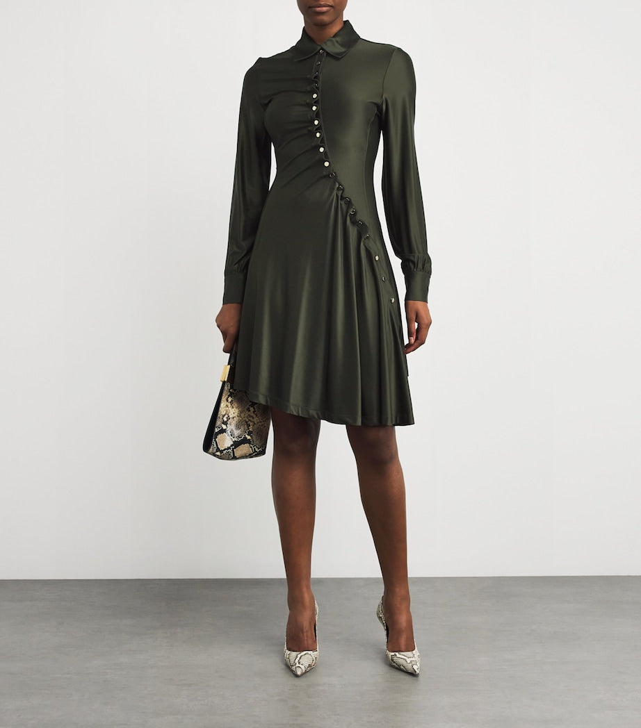 Paco Rabanne Green Asymmetric Ruched Mini Shirt Dress