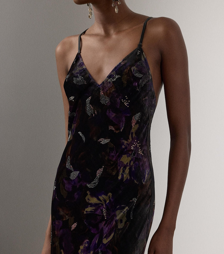 Black Velvet Embellished Floral Evening Dress