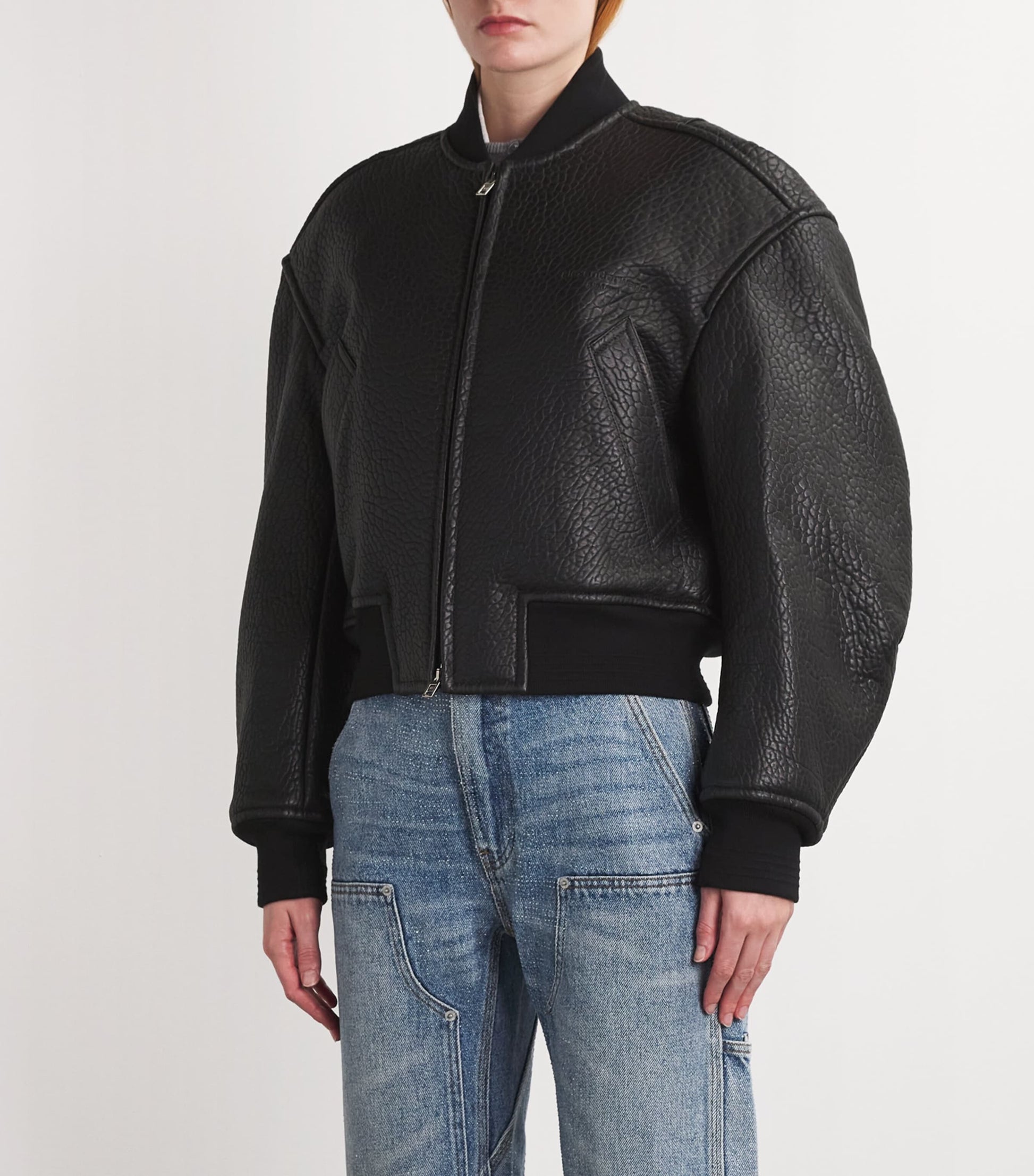 Alexander Wang Black Lambskin Cropped Bomber Jacket