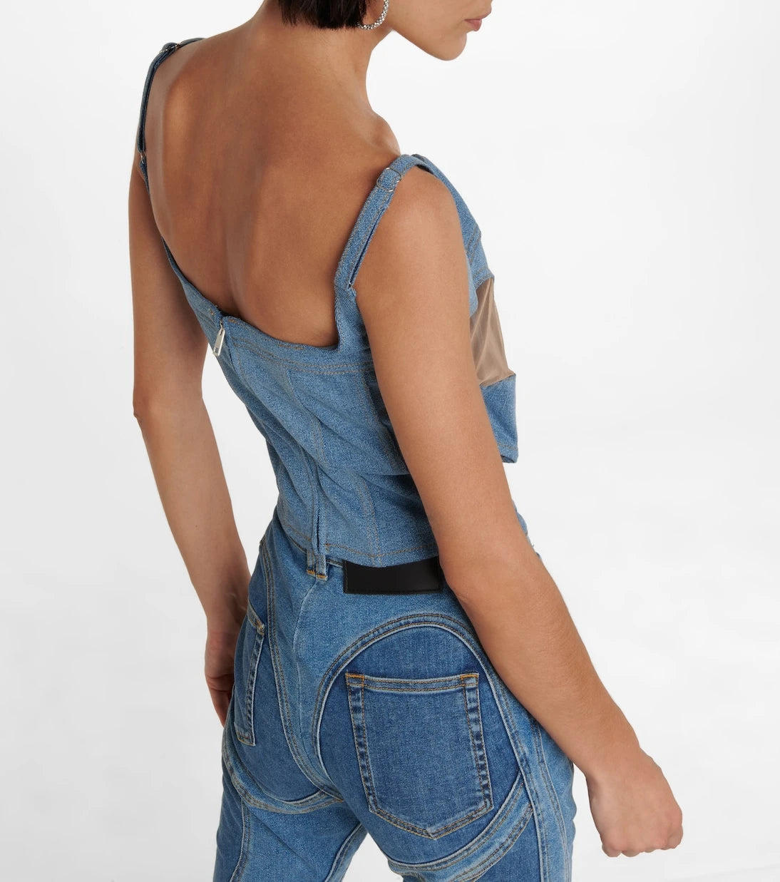 Mugler - Denim and mesh corset top