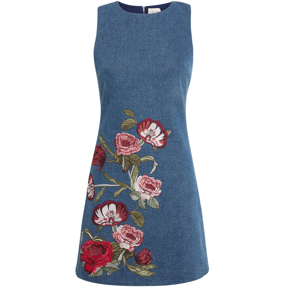 Alice+Olivia Blue Denim Embroidered Mini Dress