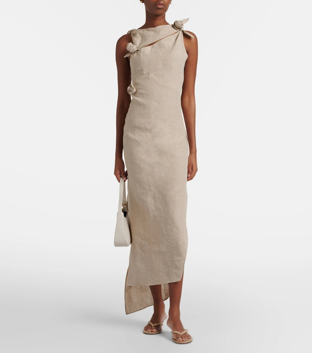 Coperni - Floral-appliqué asymmetric linen maxi dress