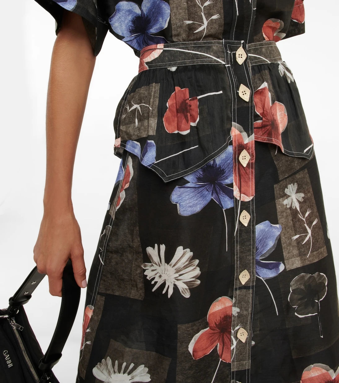 Ganni - Floral silk and linen midi skirt
