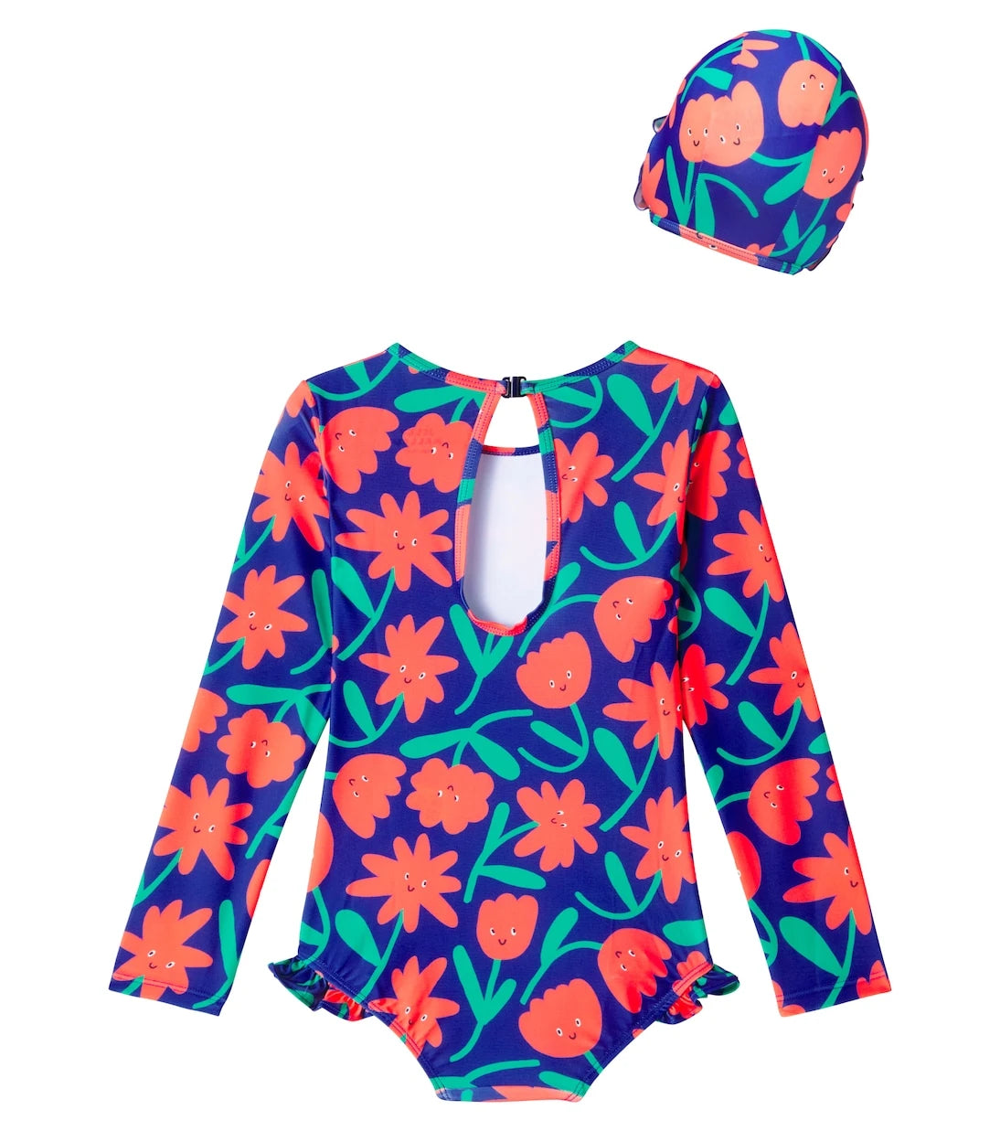 Jellymallow - Floral ruffled swimsuit and cap set