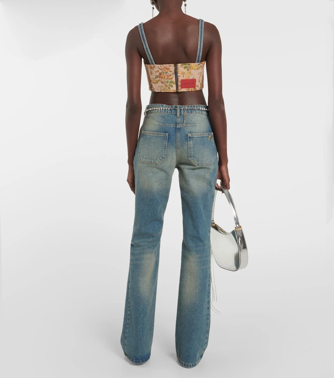 Alessandra Rich - Floral cropped denim bustier top
