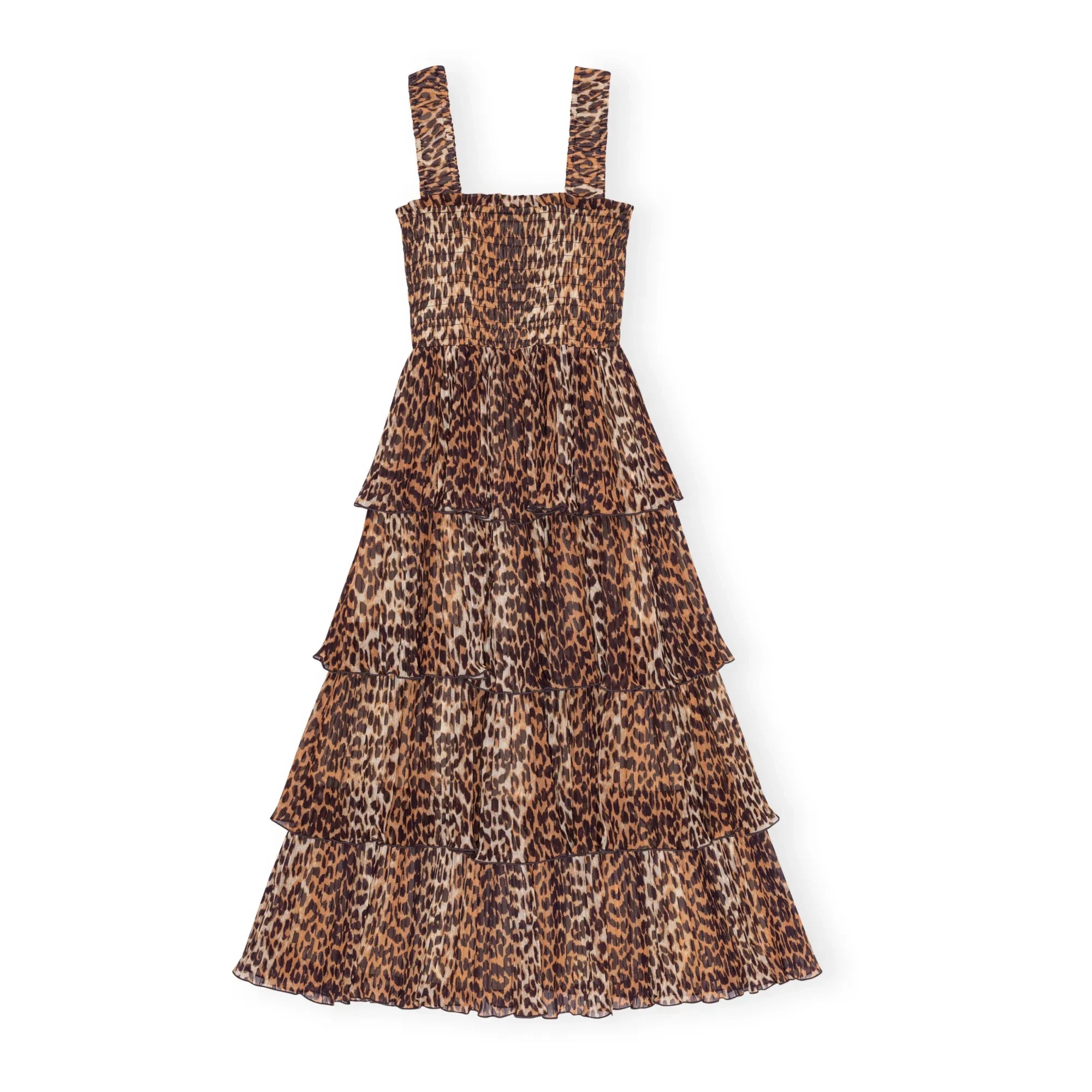 Ganni - Georgette Smocked Sleeveless Dress Recycled Fibres | Leopard