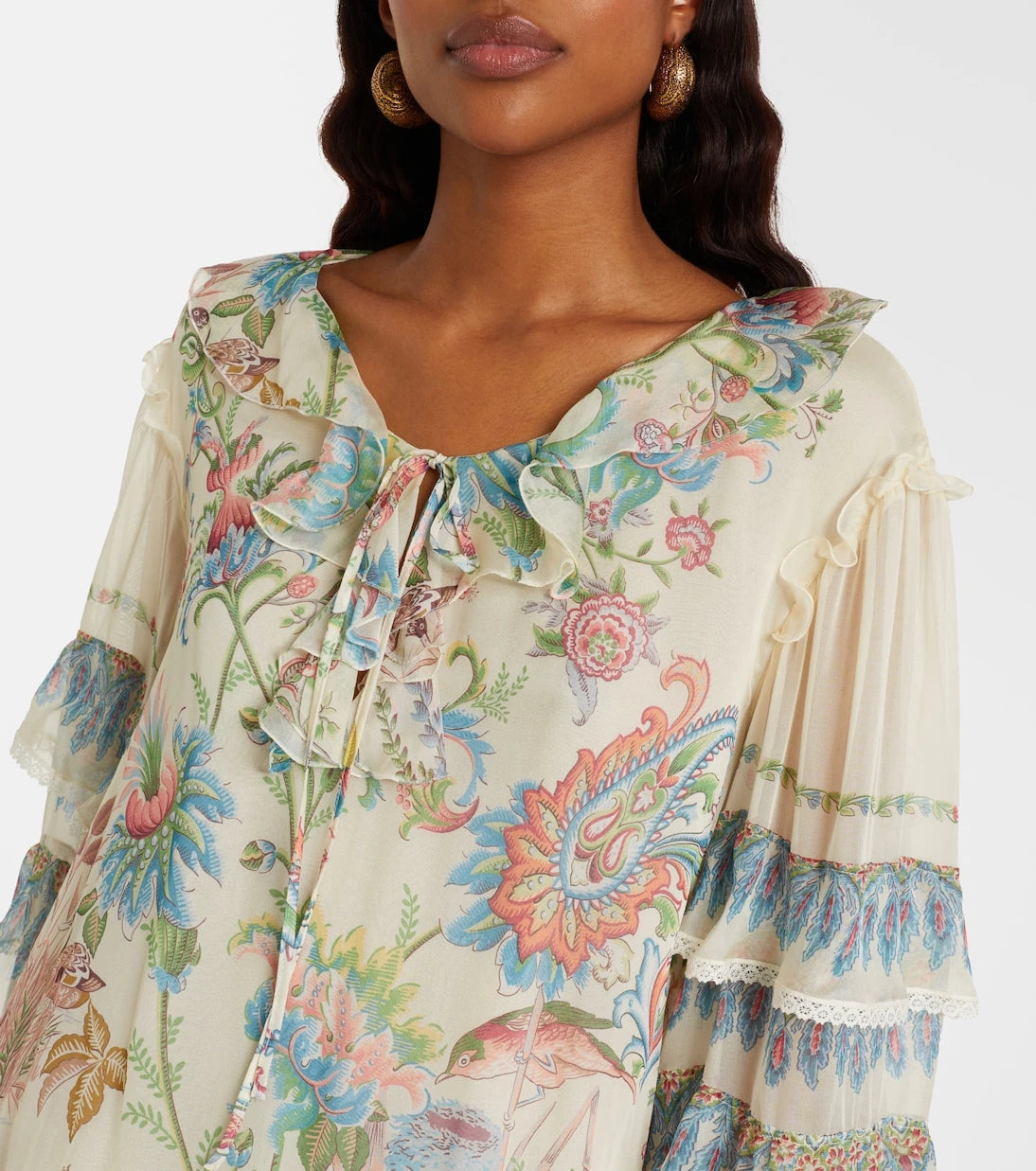 Etro - Printed ruffled lace-trimmed silk minidress