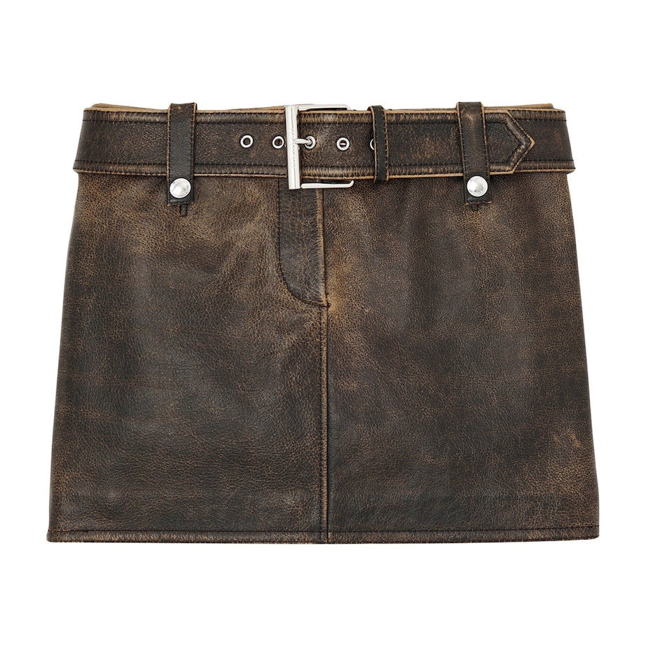 McQueen Brown Leather Belted Mini Skirt