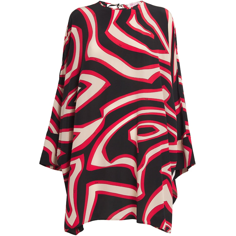 PUCCI Red Silk Labirinto Print Mini Kaftan Dress
