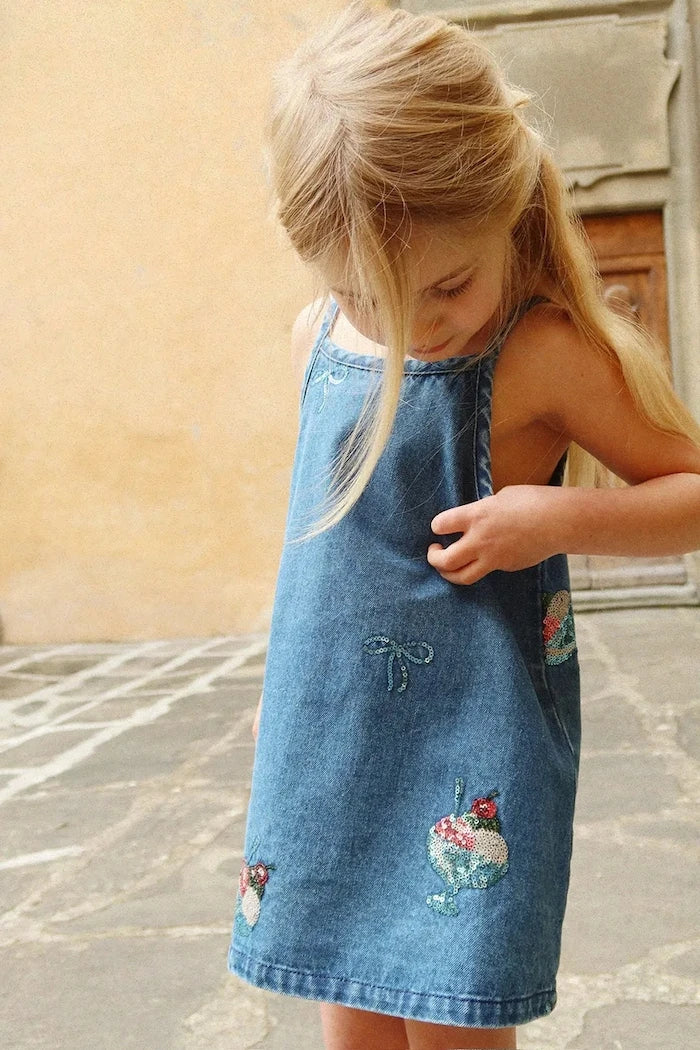 Konges Sløjd MAGOT SEQUIN STRAP DRESS GOTS Çocuk Denim Elbise