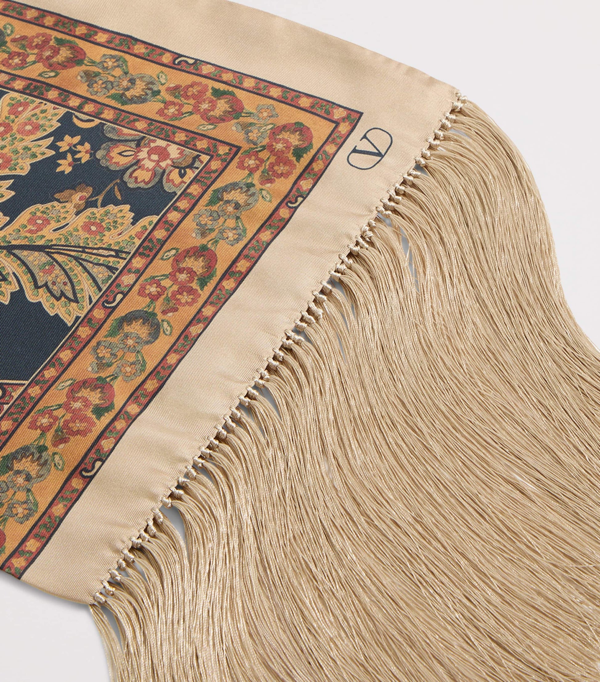 Valentino Garavani Navy Silk Fringed Printed Scarf