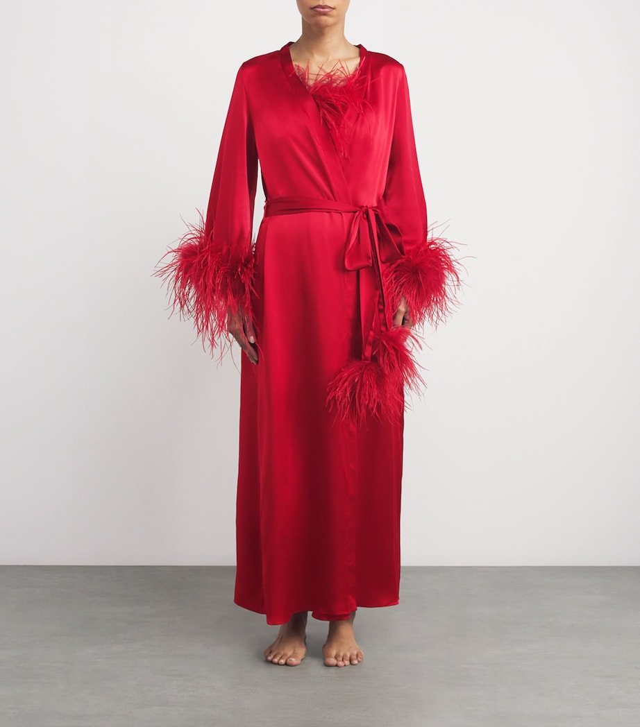 Gilda & Pearl Red Silk-Ostrich Feather Long Robe