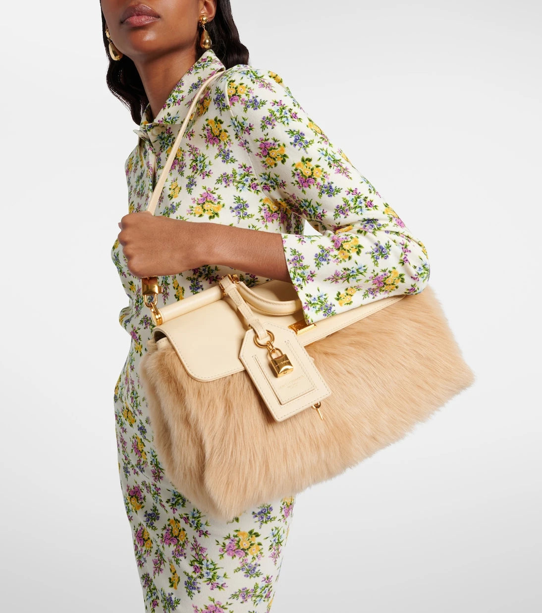 Dolce&Gabbana - Sicily Large leather and shearling top-handle bag