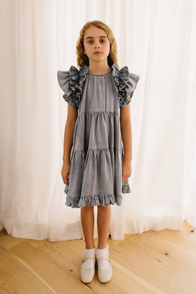 Petite Amalie - Ruffled cotton chambray dress