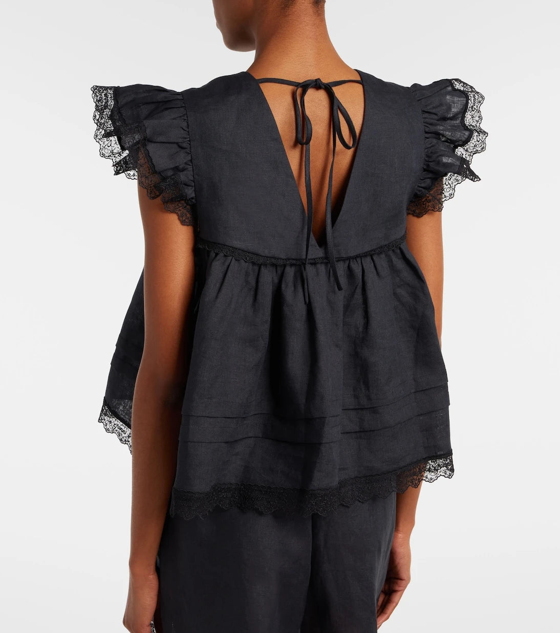 Ganni - Lace-trimmed linen top