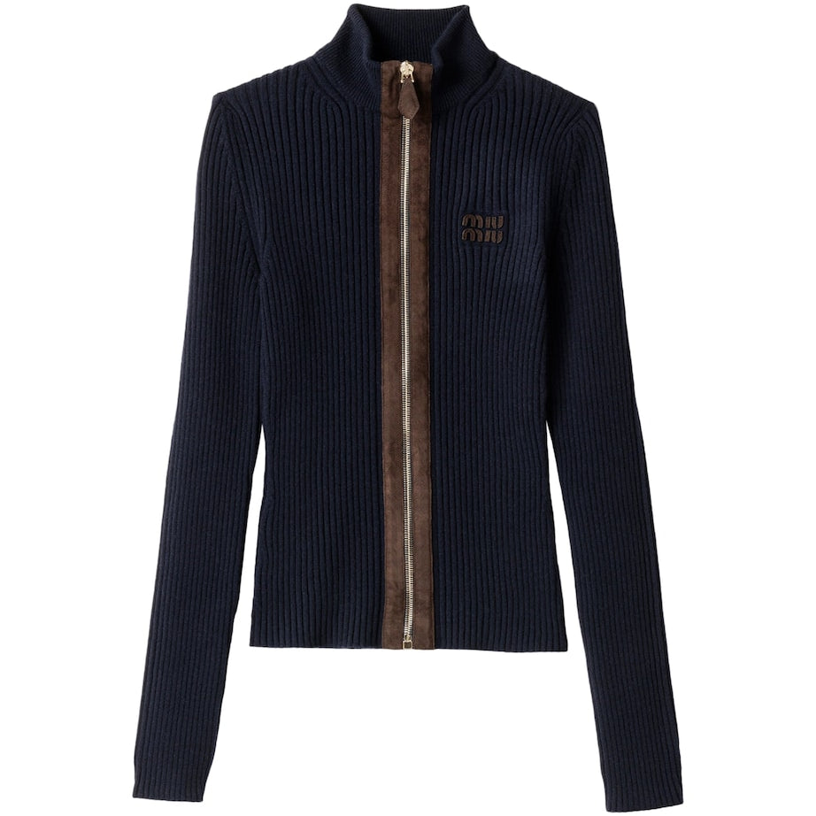 Blue Cashmere-Blend Suede-Trim Cardigan