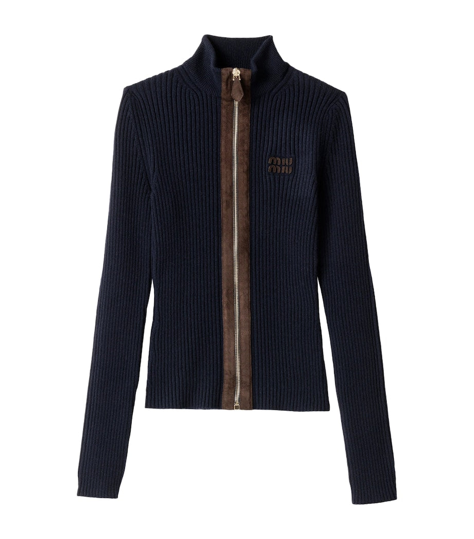 Blue Cashmere-Blend Suede-Trim Cardigan