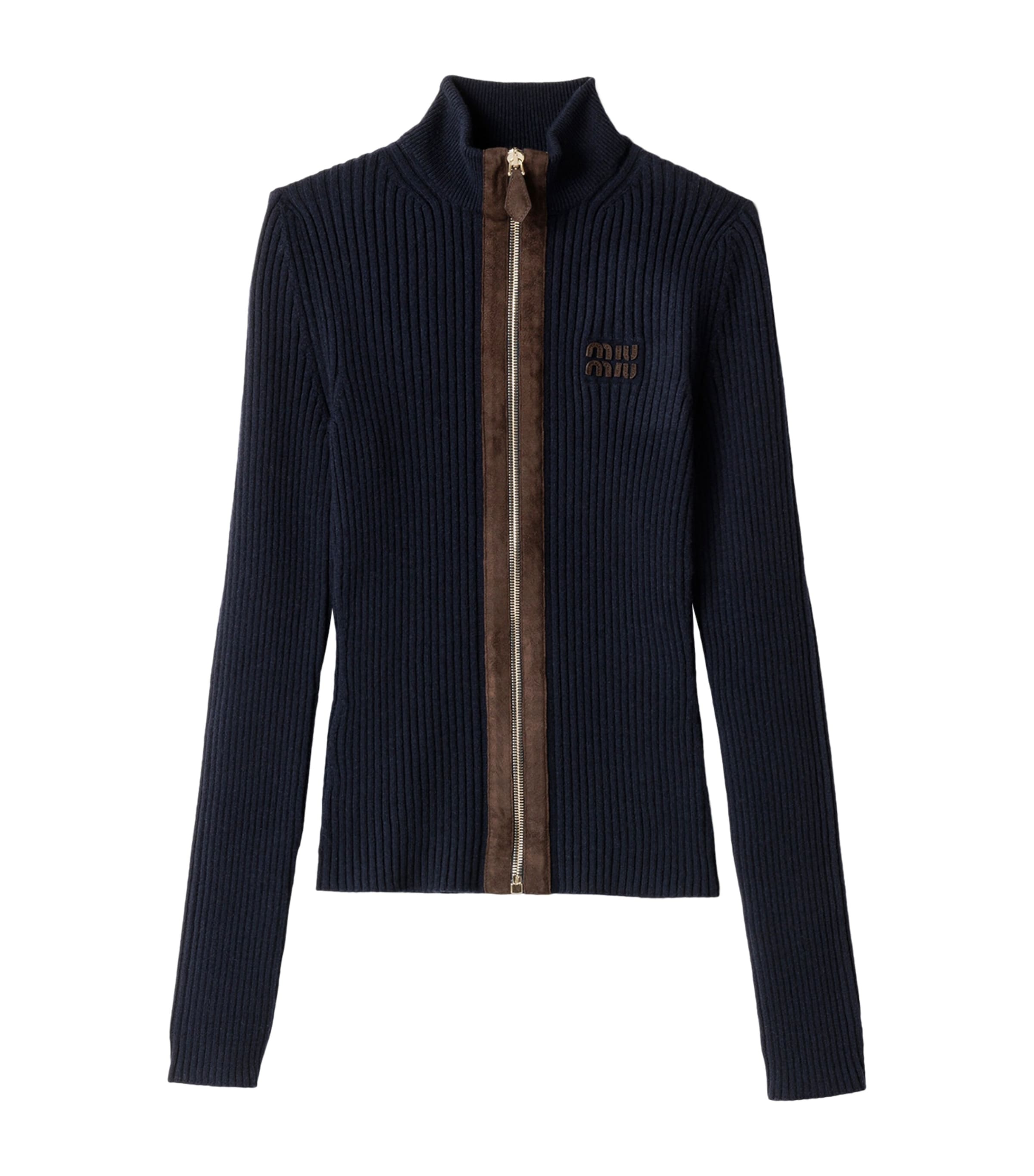 Blue Cashmere-Blend Suede-Trim Cardigan