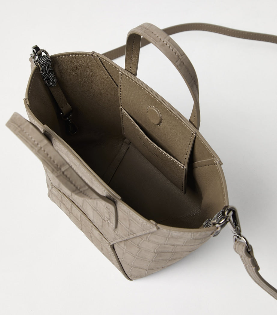 Brunello Cucinelli Brown Croc-Embossed Leather Duo Mini Bag