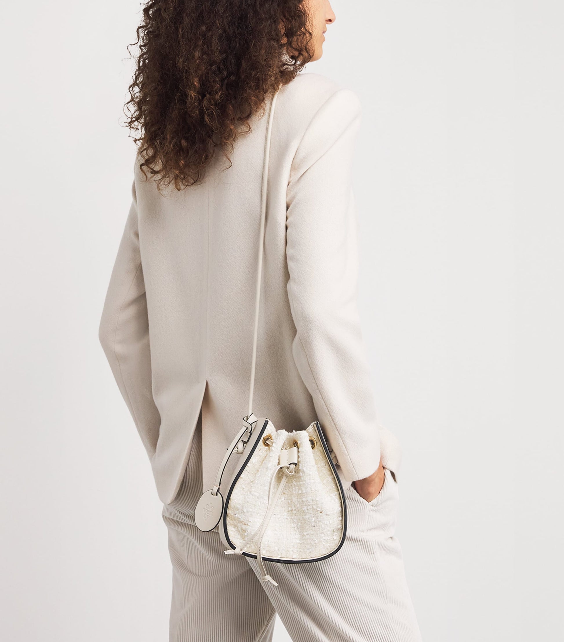 White Leather-Tweed Drawstring Bucket Bag