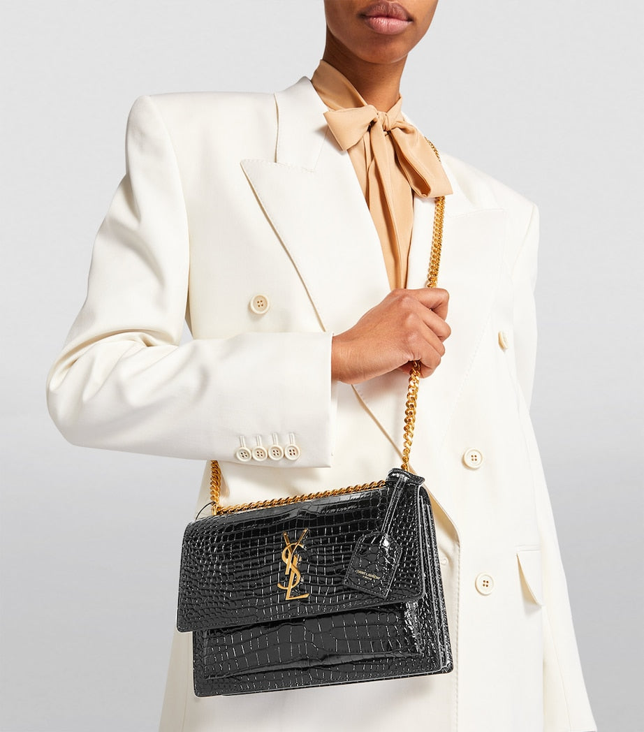 Saint Laurent Black Medium Sunset Croc-Embossed Shoulder Bag