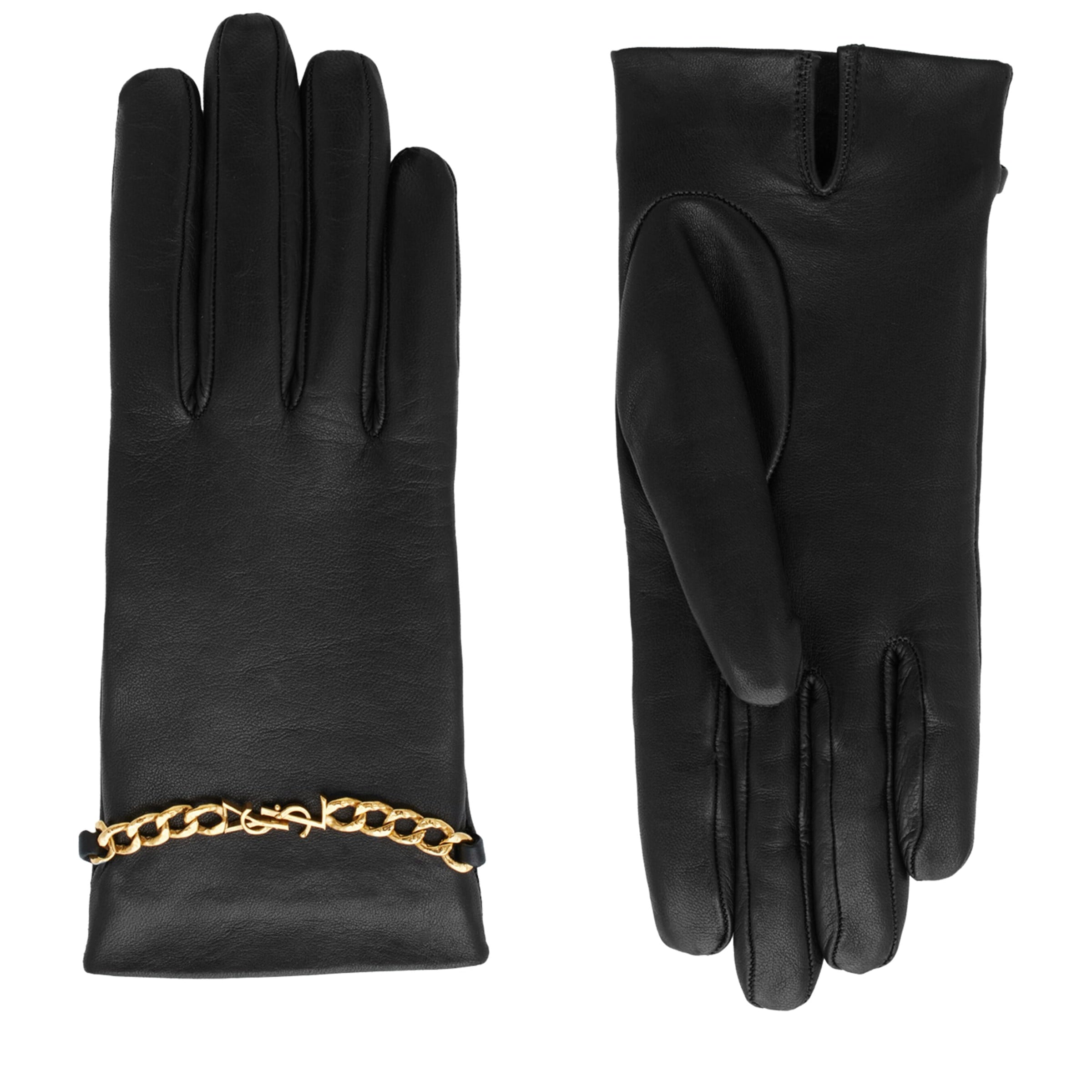 Saint Laurent Black Leather Cashmere-Lined Chain-Detail Gloves