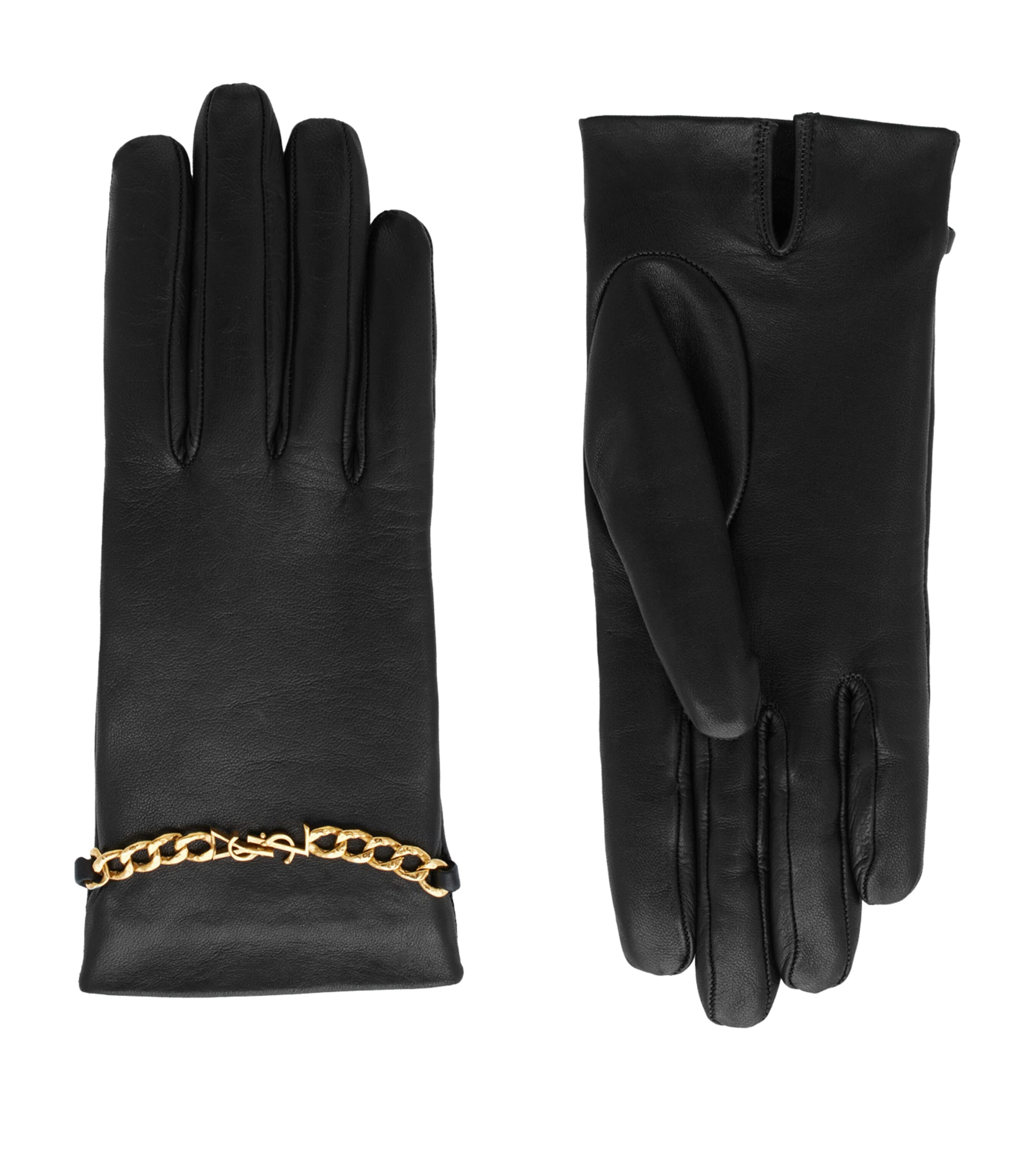 Saint Laurent Black Leather Cashmere-Lined Chain-Detail Gloves
