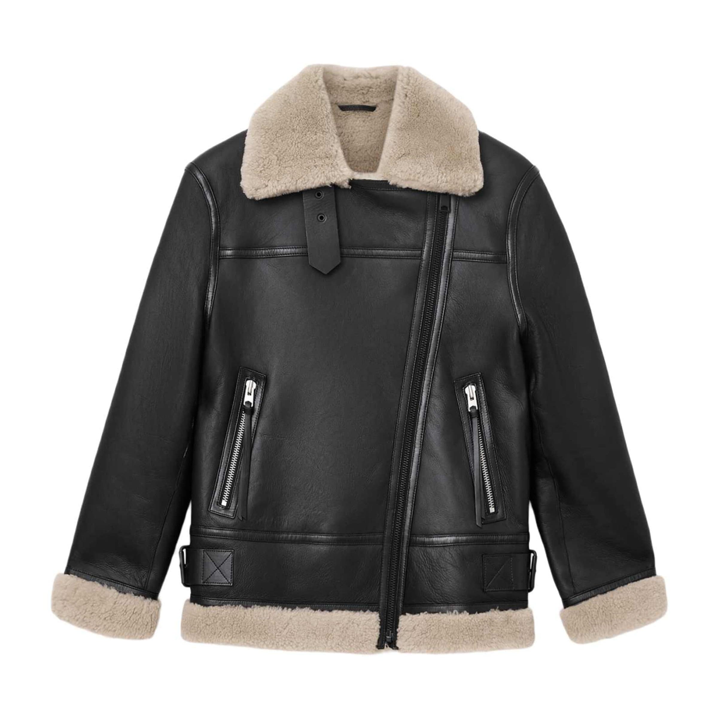 AllSaints Shearling Sola Leather Jacket BLACK/NATURAL