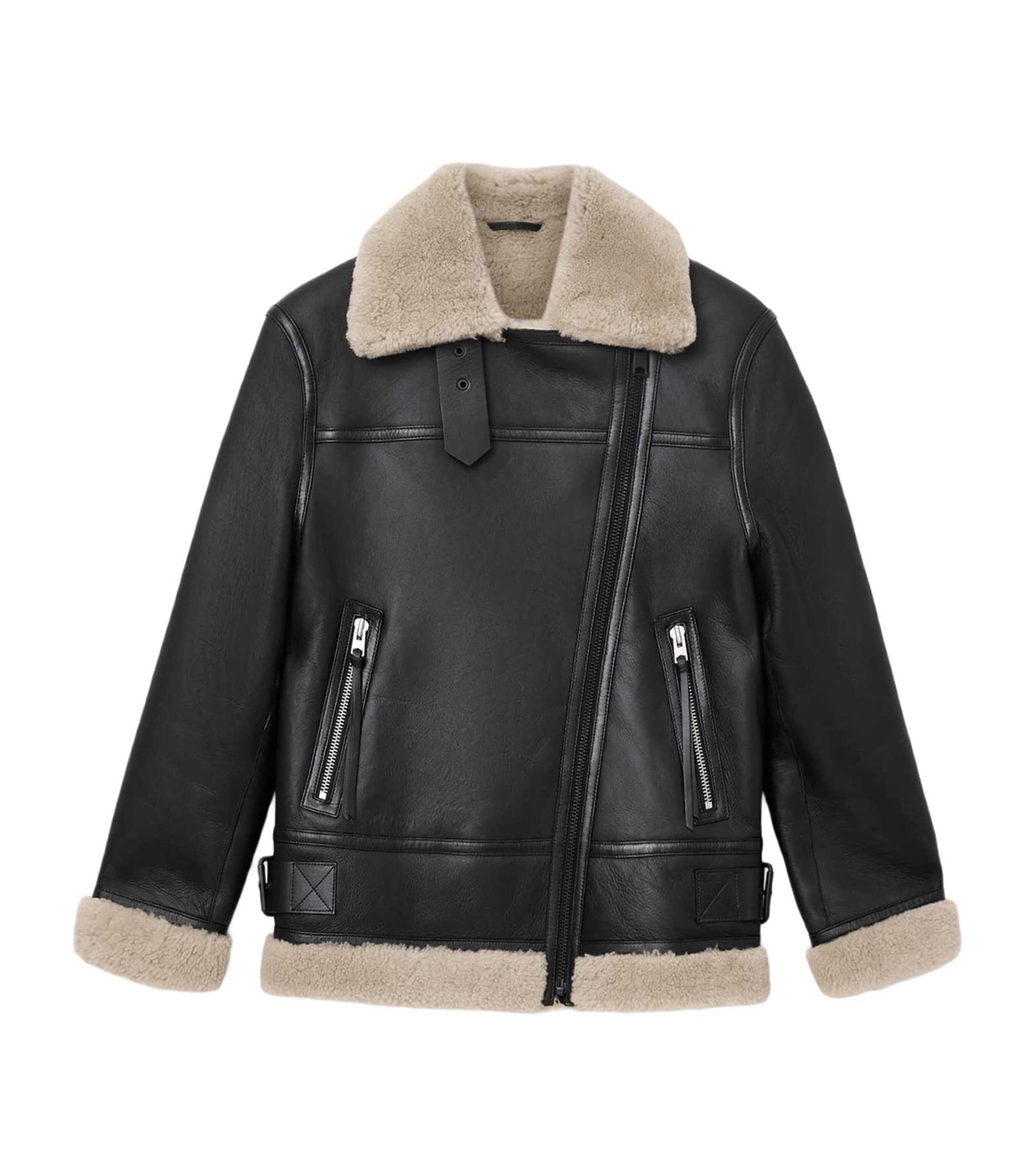 AllSaints Shearling Sola Leather Jacket BLACK/NATURAL
