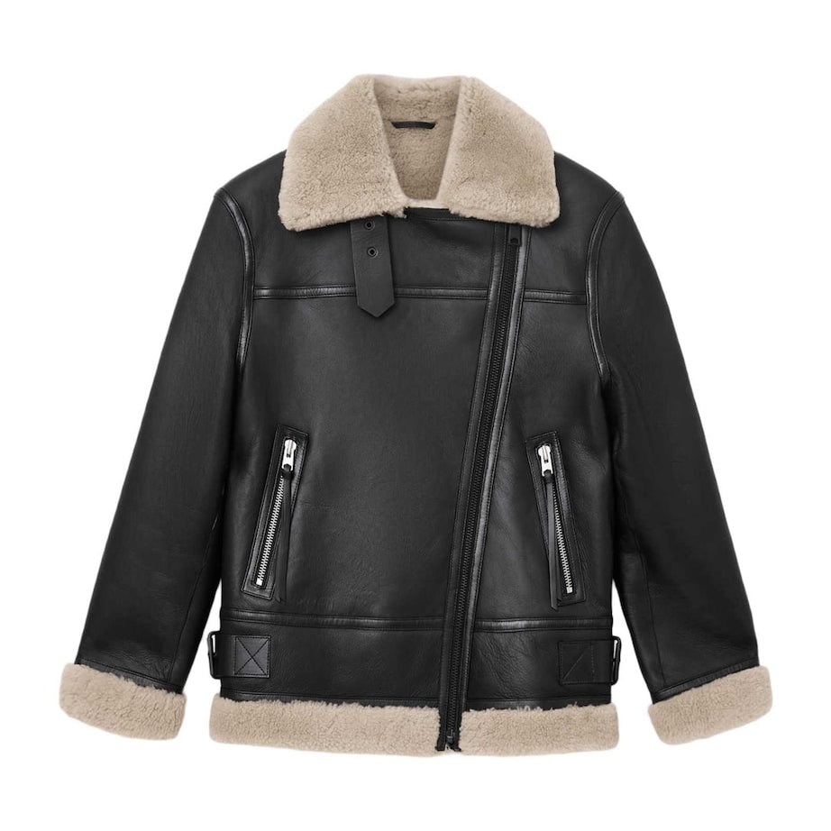 AllSaints Shearling Sola Leather Jacket BLACK/NATURAL
