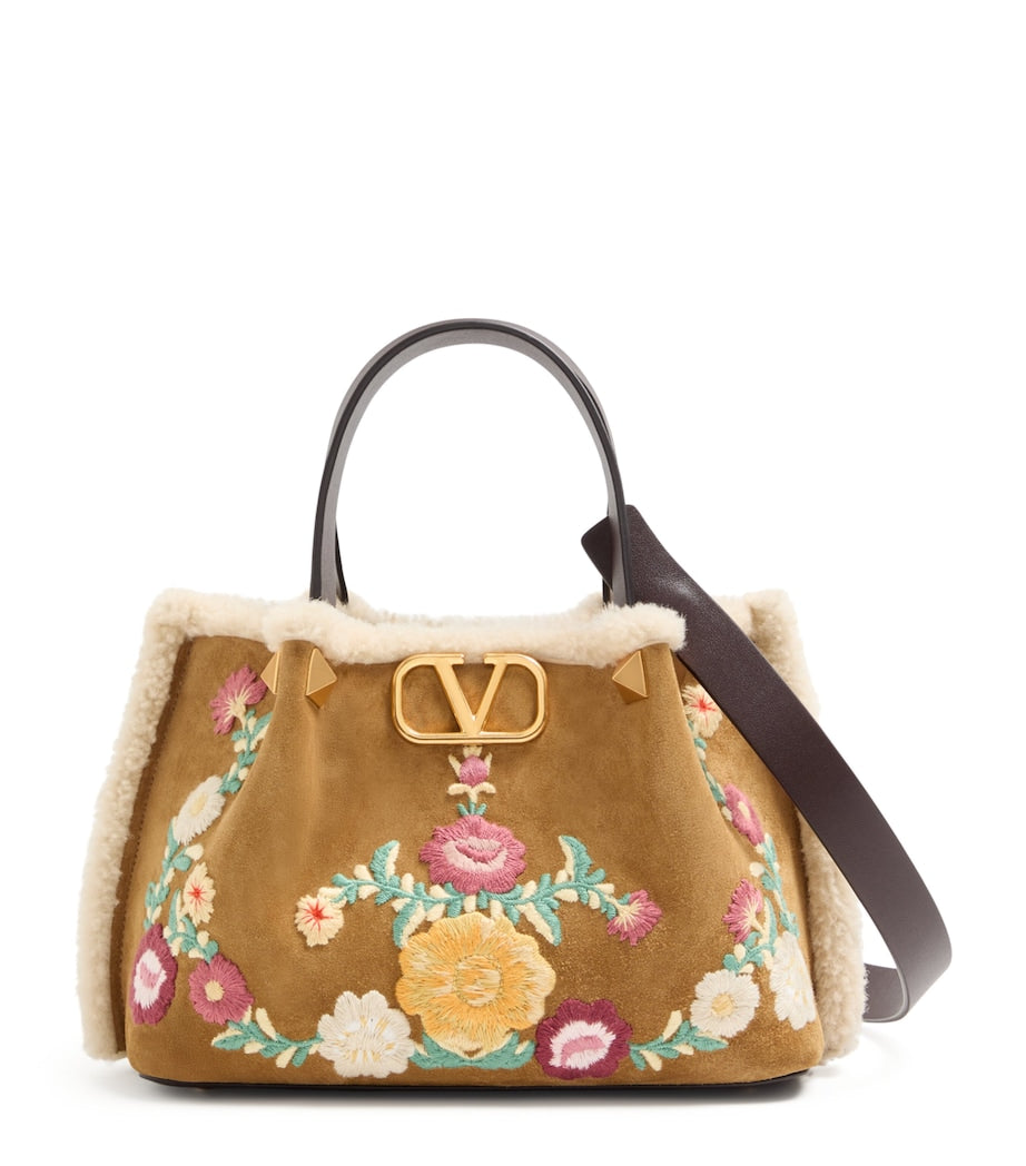 Valentino Garavani Beige Small Suede Floral Tote Bag