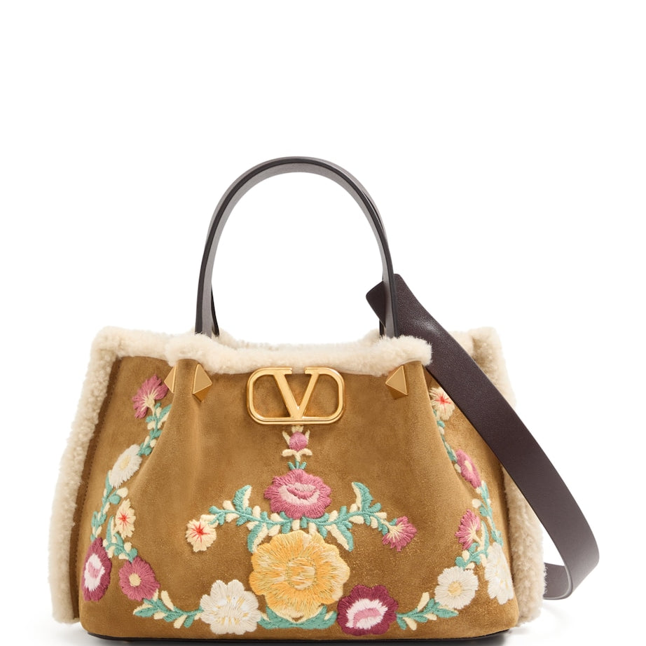 Valentino Garavani Beige Small Suede Floral Tote Bag