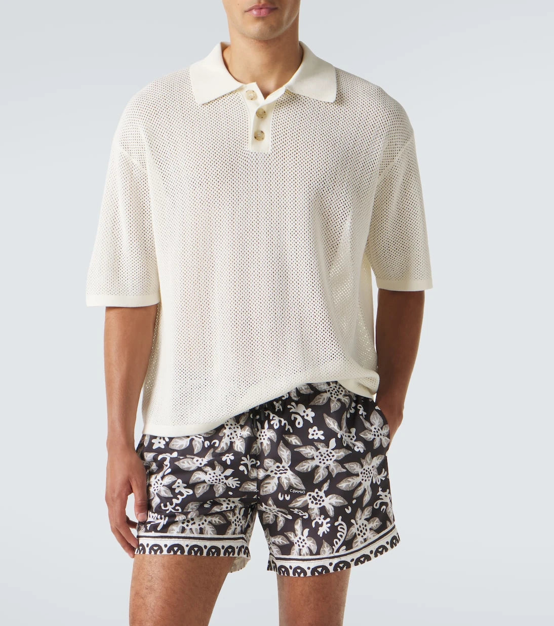 Commas - Open-knit cotton-blend polo sweater
