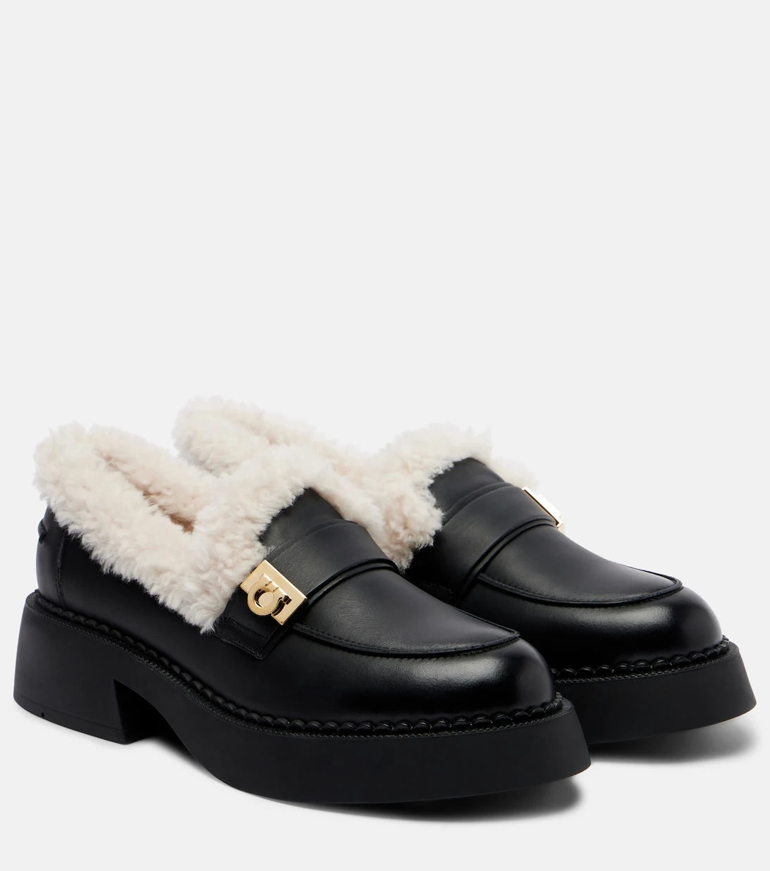 Ferragamo - Caminia shearling-trimmed leather loafers